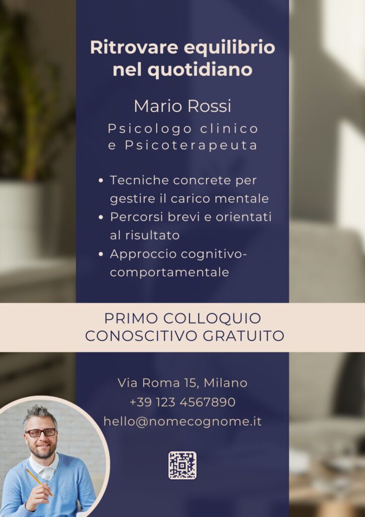 Esempio di volantino per uno psicologo e psicoterapeuta specializzato nel work-life balance, design professionale e chiaramente orientato alle aziende o ai professionisti