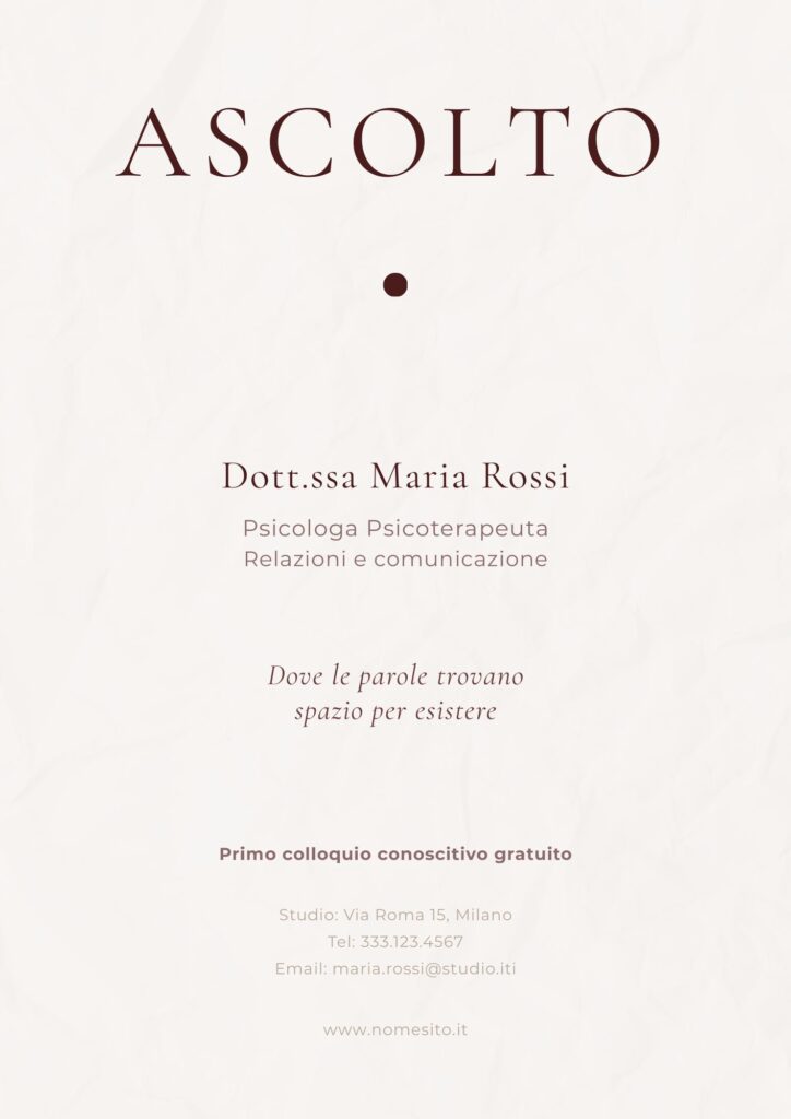 Esempio di volantino per una psicologa e psicoterapeuta specializzata nelle relazioni e nella comunicazione. Design minimale e toni caldi.