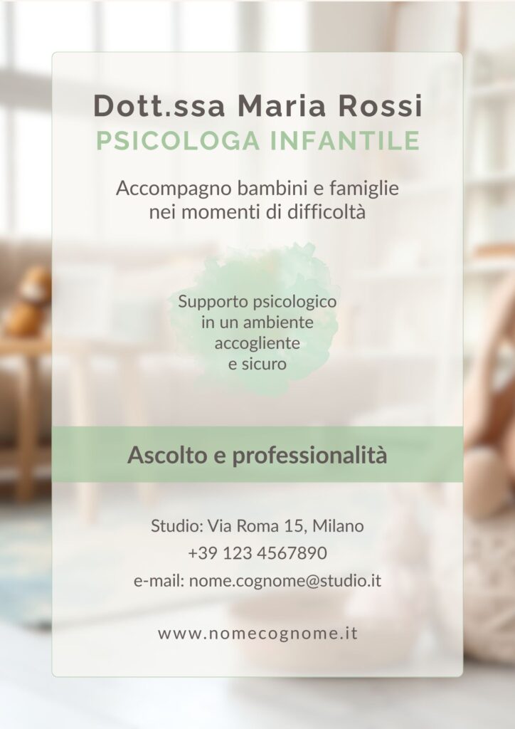 Esempio di volantino per una psicologa specializzata nell'infanzia e nel supporto alle famiglie con immagine di fondo sfocata e toni calmi e rilassati