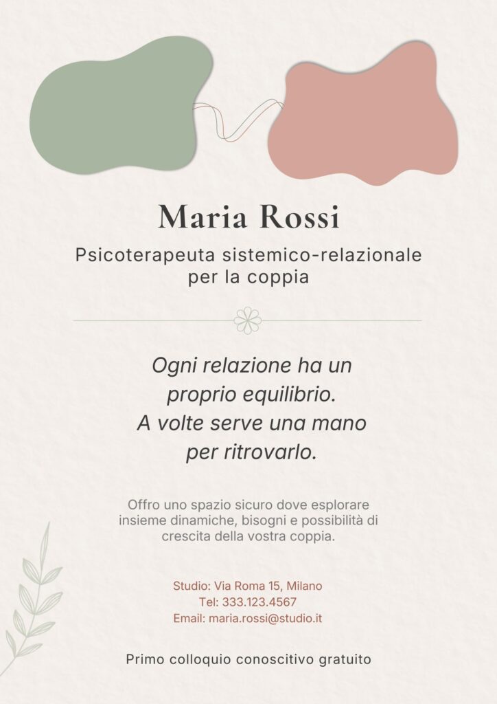 Esempio di volantino per una psicoterapeuta specializzata nella terapia sistemico-relazionale per la coppia. Design astratto e claim incentrato sulla positività.