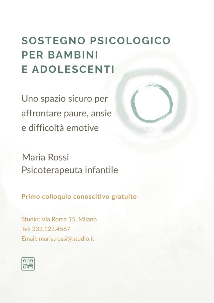 Esempio di volantino per una psicologa specializzata nell'infanzia con design minimale, QR code e un breve claim
