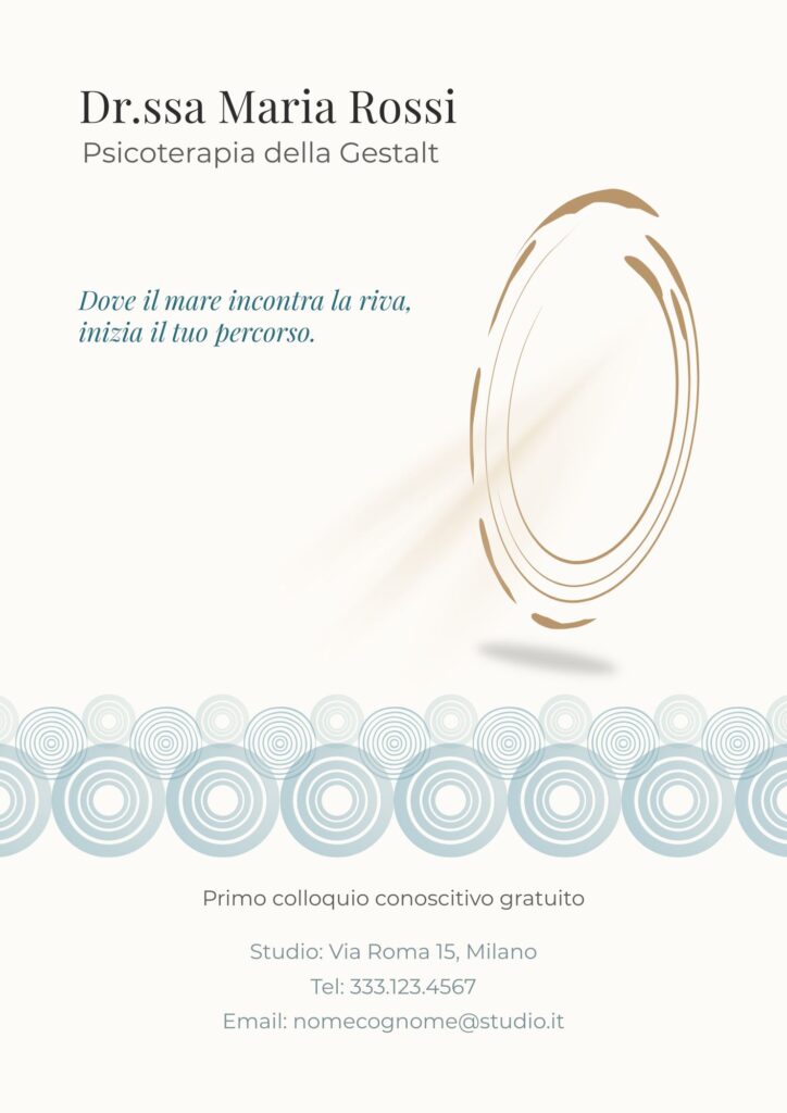 Esempio di volantino per una psicologa specializzata nella terapia della Gestalt. Design astratto che vuole evocare il mare e fa coppia con il claim.