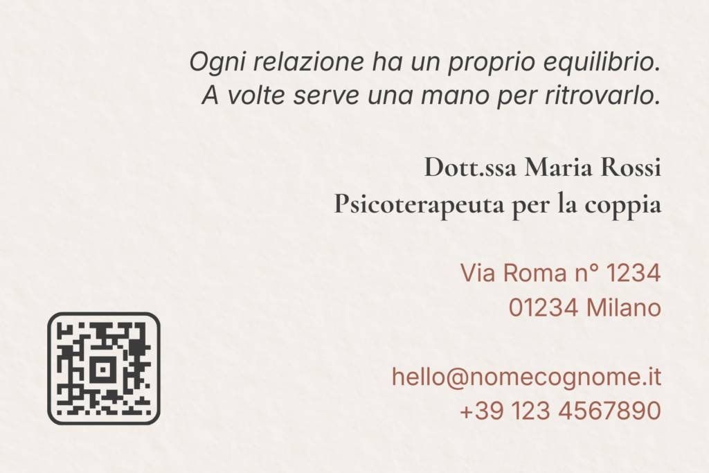 Esempio di retro di biglietto da visita orizzontale per una psicoterapeuta della coppia con QR code