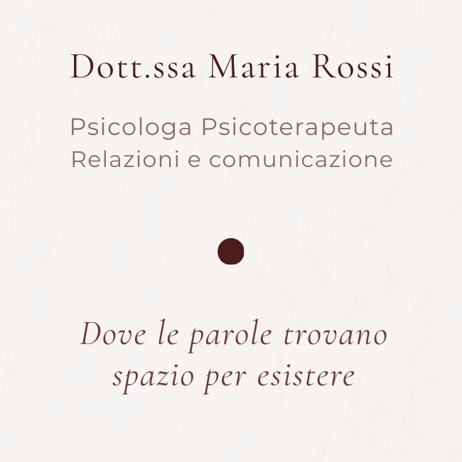 Esempio di fronte di biglietto da visita quadrato dal design minimale per una psicologa specializzata nelle relazioni e nella comunicazione