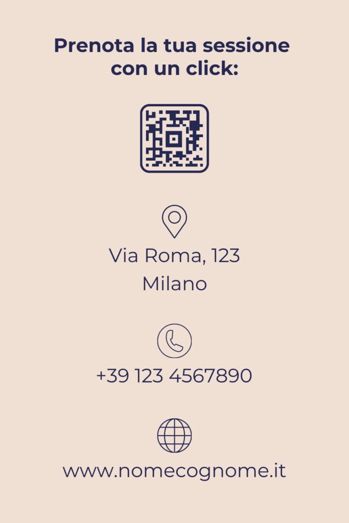 Esempio di retro di biglietto da visita verticale per uno psicoterapeuta uomo con QR code e design minimalista